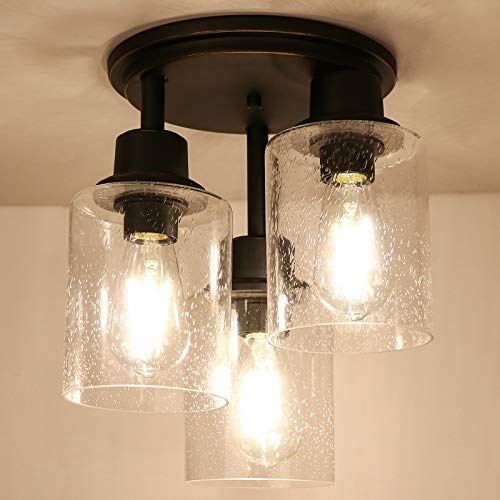 Semi Flush Mount Ceiling 3-Light Fixtures, w/ Clear Seeded Glass Shade