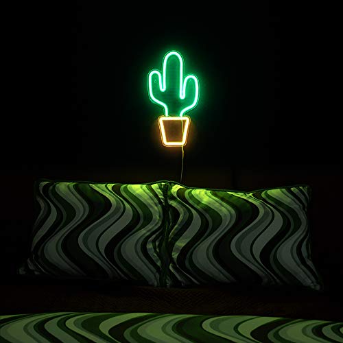 19” x 10” inch LED Neon Green Cactus w/ Yellow Planter Wall Sign for Cool Light, Wall Art Home Decoration