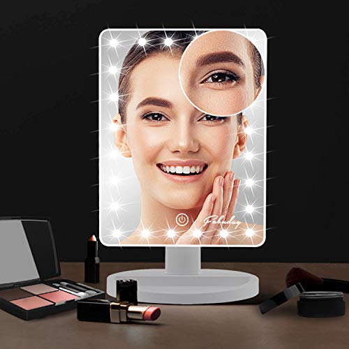 Makeup Mirror w/ Lights & 10X Magnifying Mirror - 24 LED Lighting Adjustable, Dual Power Supply, Touch Screen