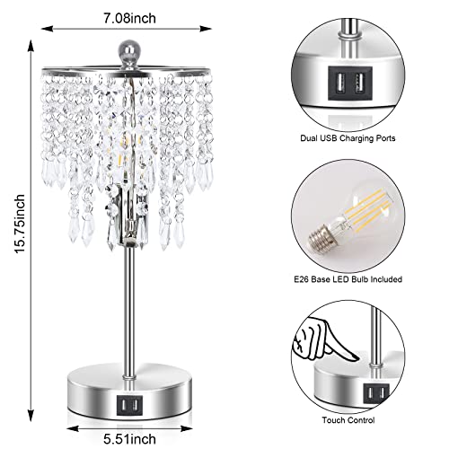 Crystal Lamp for Bedroom Set of 2, 3-Way Dimmable Touch Control w/  2 USB Charging Ports ED Bulb Included