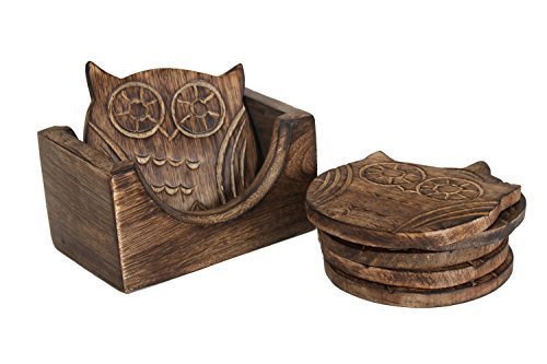 Class Wooden Crafted Coaster Set of 6 w/ Coasters Holder (Owl Shape)