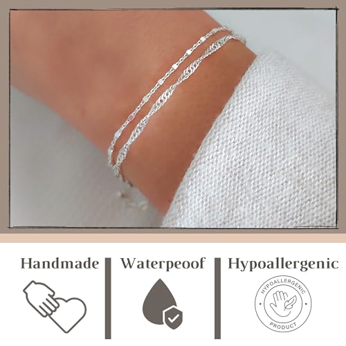 Double Layered Sterling Silver Bracelet, Length 6.5-7.5 Inches, Stranded Satellite Chain Bracelets for Women,