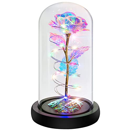 Rotating Romantic Roses Light Up Rose in Glass Dome, Spinning Colorful Artificial Rose Flower Gifts for Her