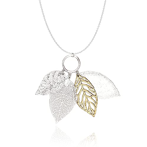 Two Tone Filigree Fall Leaf Pendant Long Necklace for Women