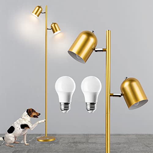 Gold Floor Lamp w/ 2 Adjustable Rotating Lights,  2x5W LED Bulbs Included