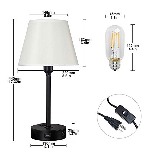 Touch Control Table Lamp Built in Dual USB Ports & AC Outlet, White Fabric Shade 3 Way Dimmable