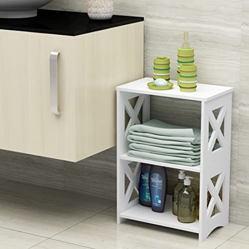 White -3-Tiers Narrow End Table w/ Storage Shelf