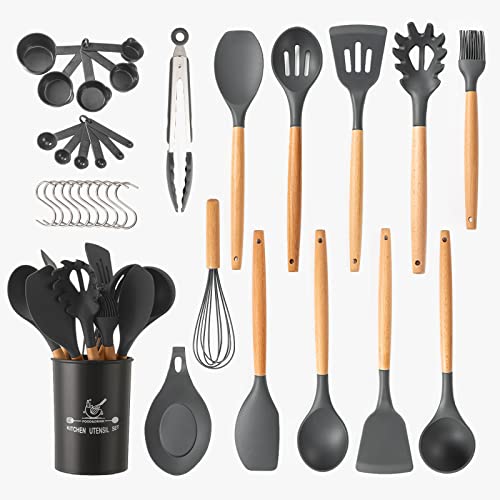 33 PCS Silicone Kitchen Cooking Utensils Set - Wooden Handles