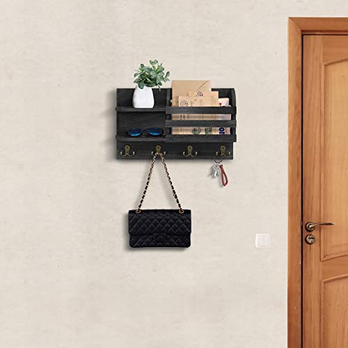 Wall Mounted Mail Holder Floating Shelves w/ Hooks for Keys, Letters, Bills