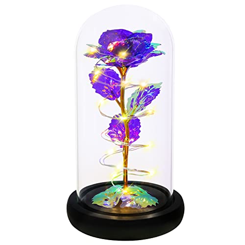 Rotating Romantic Roses Light Up Rose in Glass Dome, Spinning Colorful Artificial Rose Flower Gifts for Her