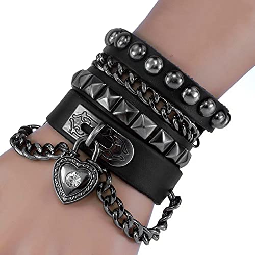 Multilayer Black Leather Cuff Heart Pendant Bracelet for Men/Women