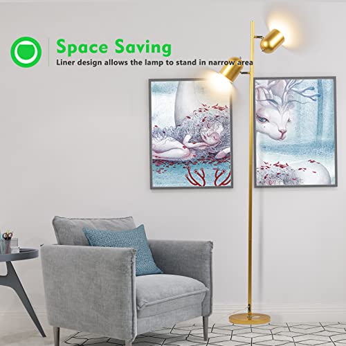Gold Floor Lamp w/ 2 Adjustable Rotating Lights,  2x5W LED Bulbs Included