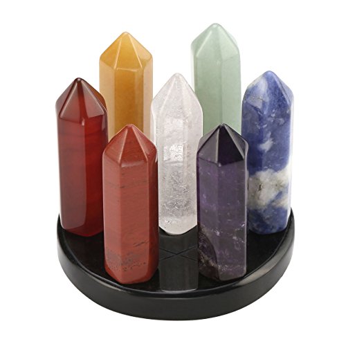 7 Chakra Star Group Healing Crystal Quartz Energy Stone Hexagonal Point Array w/ Obsidian Stand & Box