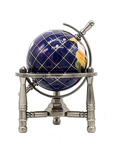 6" Blue Lapis Ocean Mini Table Top Gemstone World Globe w/ Silver Tripod