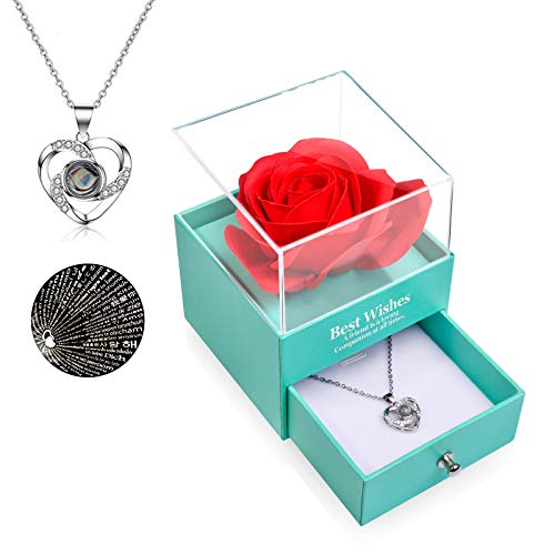 Valentines Day Gifts Preserved Real Rose w/ Heart Love You 925 Sterling Silver Necklace