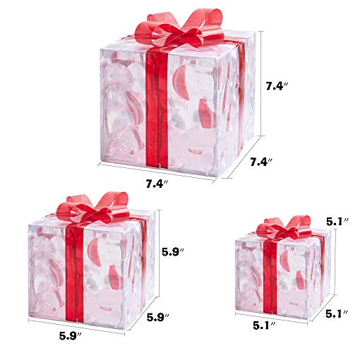 Set of 3 Christmas 60 LED Lighted Presents Boxs with Red Bows, Transparent Warm White Lighted