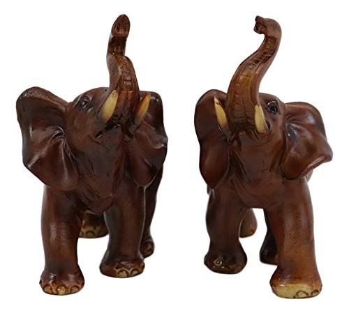 Faux Wood Feng Shui Elephant w/ Trunk Up Statue Set of 2 for Home Decoration