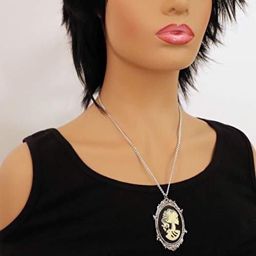 Real Metal Gothic  Skull Cameo in Pewter Frame Pendant Necklace