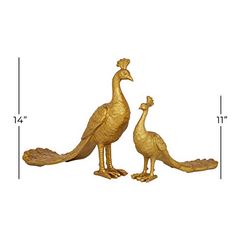 2 Farmhouse Resin Peacocks Sculpture, S/2 11", 14" H, Gold