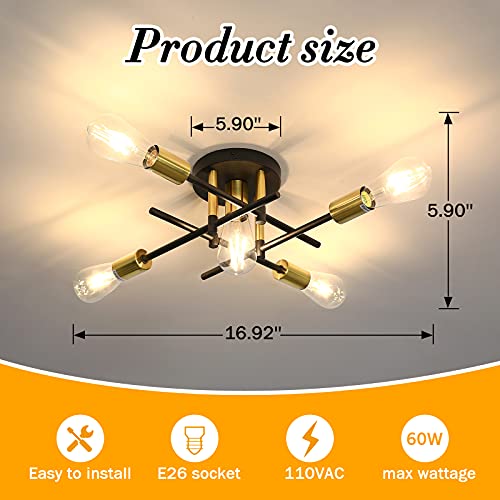 5 Light Semi Flush Mount Ceiling Light Fixture Matte w/ E26 Base Modern Black and Gold Chandelier