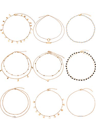 9 Pcs Gold Layering Chain Choker Necklace for Women Girls