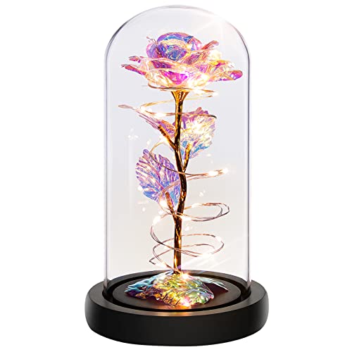 Rotating Romantic Roses Light Up Rose in Glass Dome, Spinning Colorful Artificial Rose Flower Gifts for Her