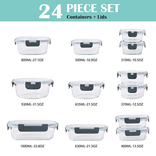 24-Piece Glass Food Storage Containers Set w/ Lids - Airtight Leak Proof Glass