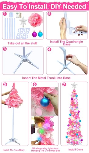 Dual Color Change Lights & Timer - 5 Ft Tinsel Christmas Tree Ball Ornaments Star Pop up Christmas Tree Battery