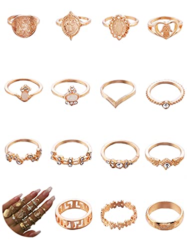 Vintage Ring Set Carved Knuckle Crystal Rings Set Gold Stackable Midi Rings Finger Jewelry for Women