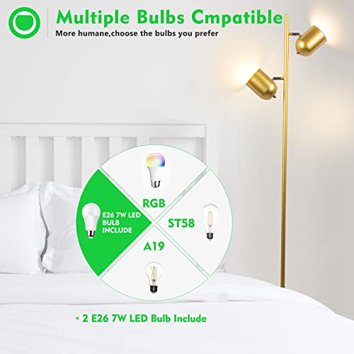 Gold Floor Lamp w/ 2 Adjustable Rotating Lights,  2x5W LED Bulbs Included