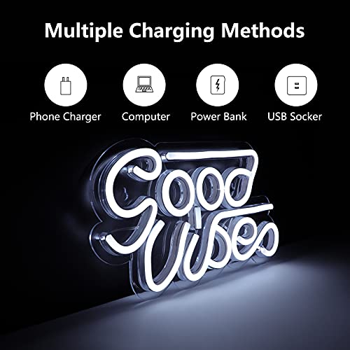 Good Vibes Neon Sign for Wall Decor, Reusable, Powered by USB (White, Pink, Blue)