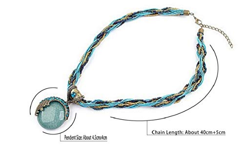 Women Lady Retro Vintage Bohemian Style Twist Woven Rope Chain Turquoise Rhinestone Pendant Collar