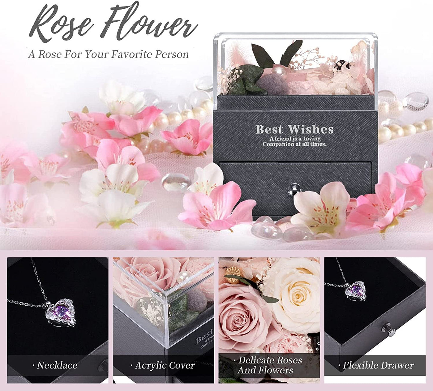 Forever Preserved Real Rose Eternal Flowers With White Gold Plated Necklace, Pink