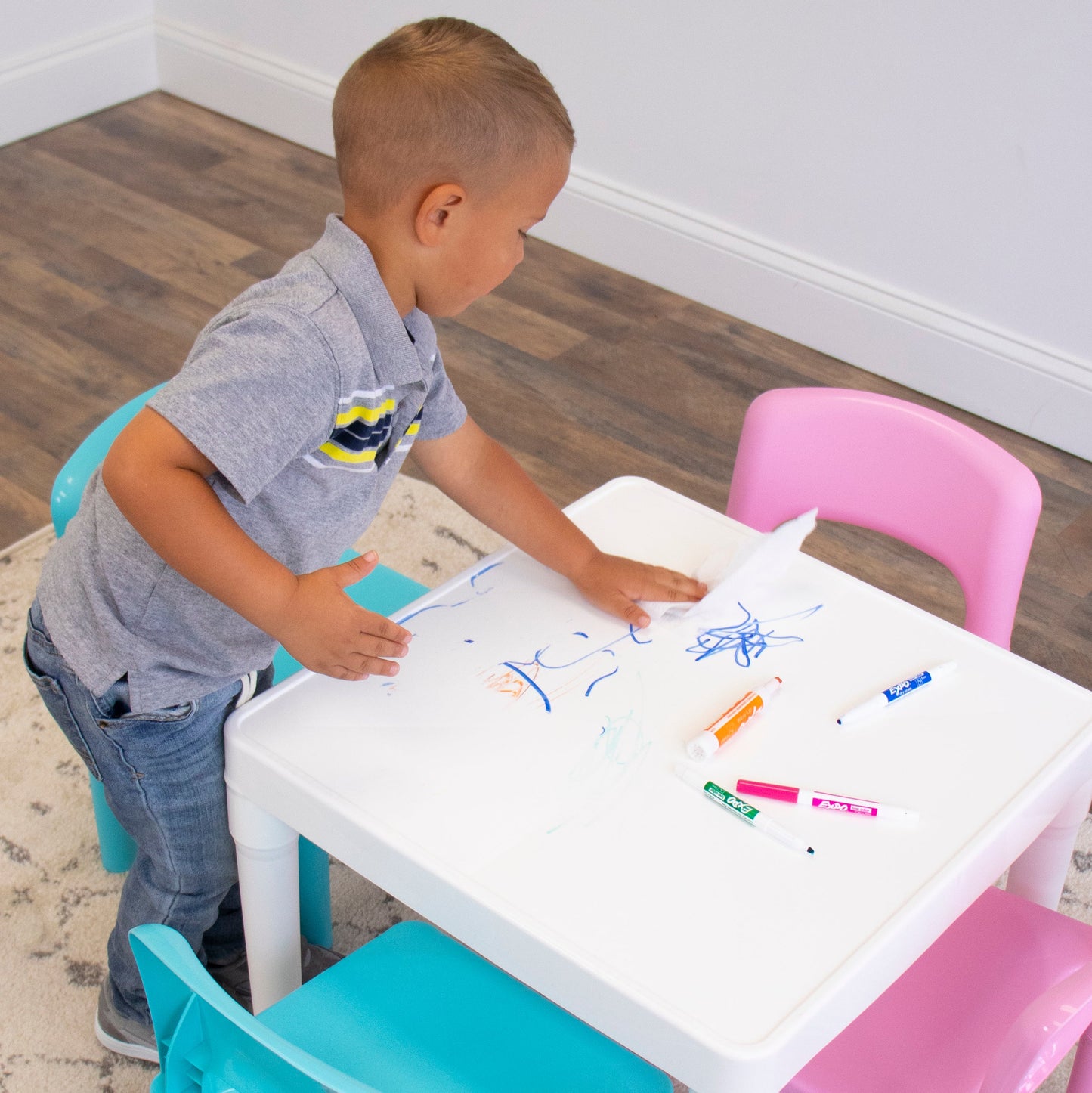 5-Piece Plastic Dry-Erase Table & Chair Set with Eraser