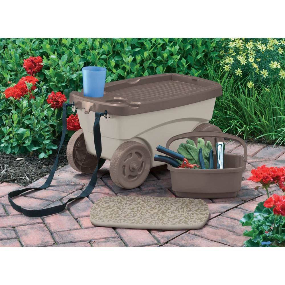 Rolling Garden Scooter w/ Wheels & Pull Strap, Light Taupe