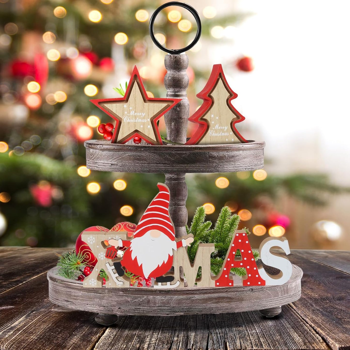 3 Pieces Christmas Decor Xmas Block Wooden Farmhouse Winter Wooden Decor Gnome Tabletop Decoration for Party Holiday Living Room Dining Table Mantel Tiered Tray Gift