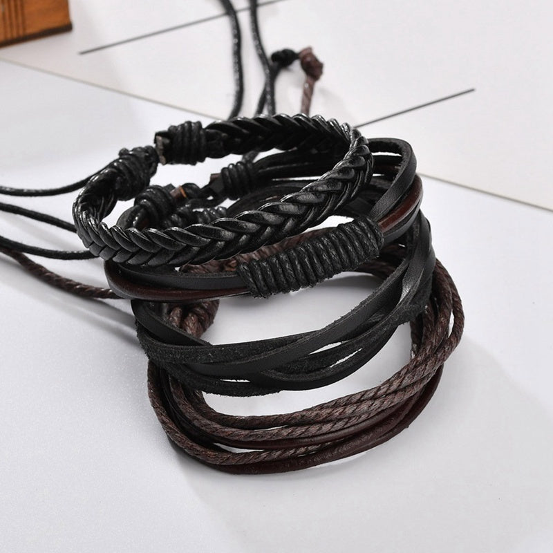 Multilayer Cowhide Leather Woven Bracelets Set For Men