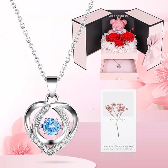 Cute Christmas Roses Gifts for Women - Preserved Red Roses with I Love You 100 Languages Necklace, Unique Eternal Roses and Moss Bear, Xmas Presents for Wife Girlfriend Mom Grandma Sister