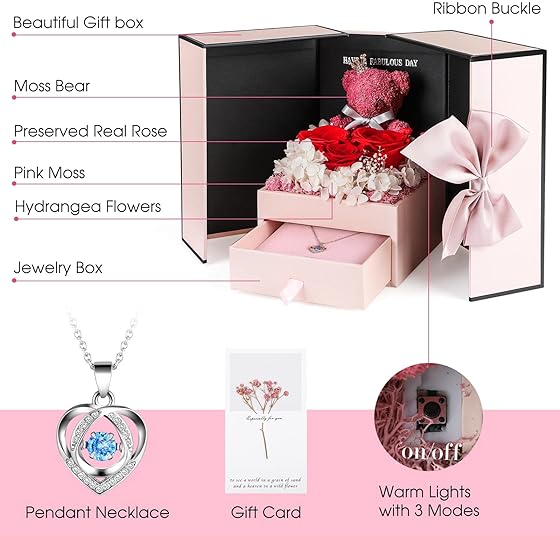 Cute Christmas Roses Gifts for Women - Preserved Red Roses with I Love You 100 Languages Necklace, Unique Eternal Roses and Moss Bear, Xmas Presents for Wife Girlfriend Mom Grandma Sister