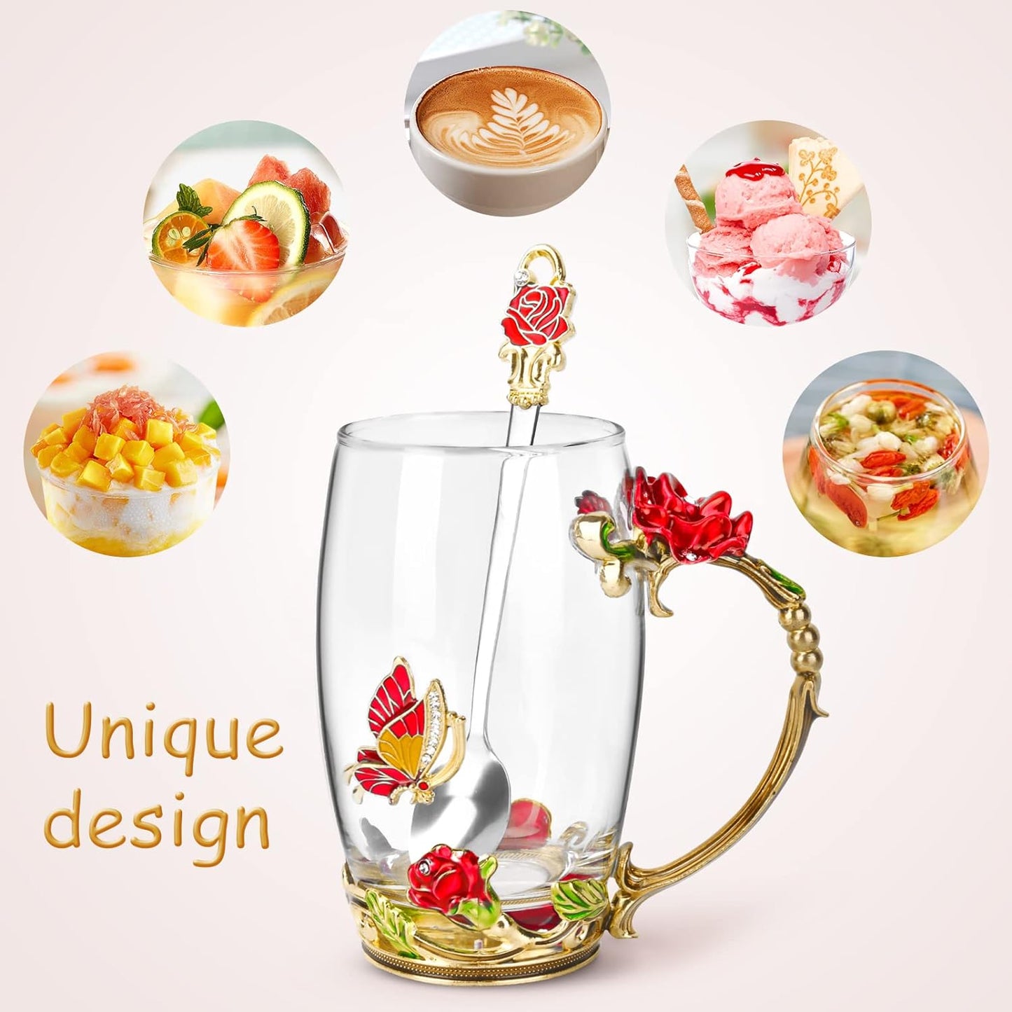 Gifts for Women Mom Mothers Valentines Day Tea Cup Best Birthday Butterfly Rose Gifts for Her from Daughter Son Glass Coffee Christmas Enamels Mug Lead-Free with Spoon Set