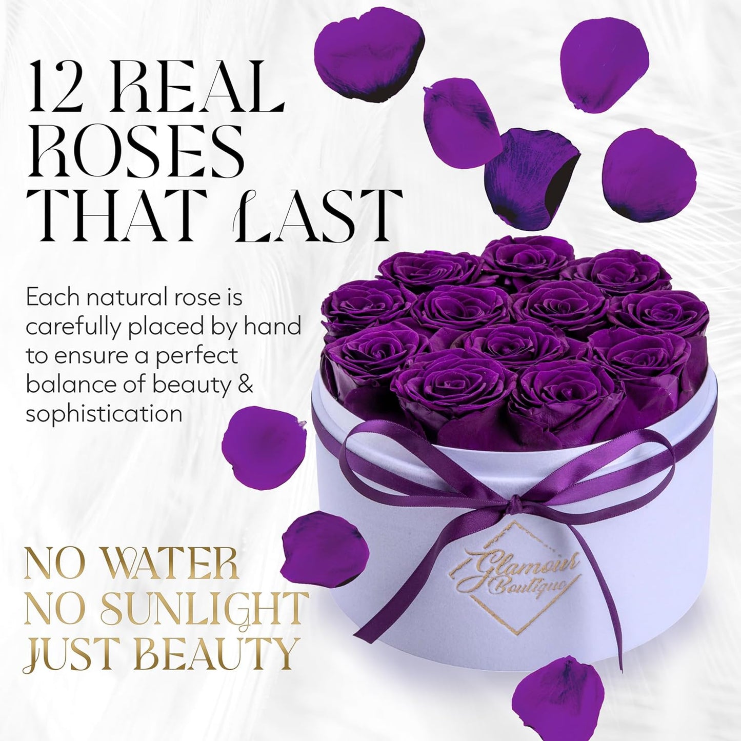 Forever Flower Gift Box: 12 Real Preserved Roses in Round Velvet White Box, Handmade, Rose Petals, Birthday, Marriage,Anniversary, Graduation - Purple