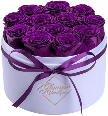 Forever Flower Gift Box: 12 Real Preserved Roses in Round Velvet White Box, Handmade, Rose Petals, Birthday, Marriage,Anniversary, Graduation - Purple