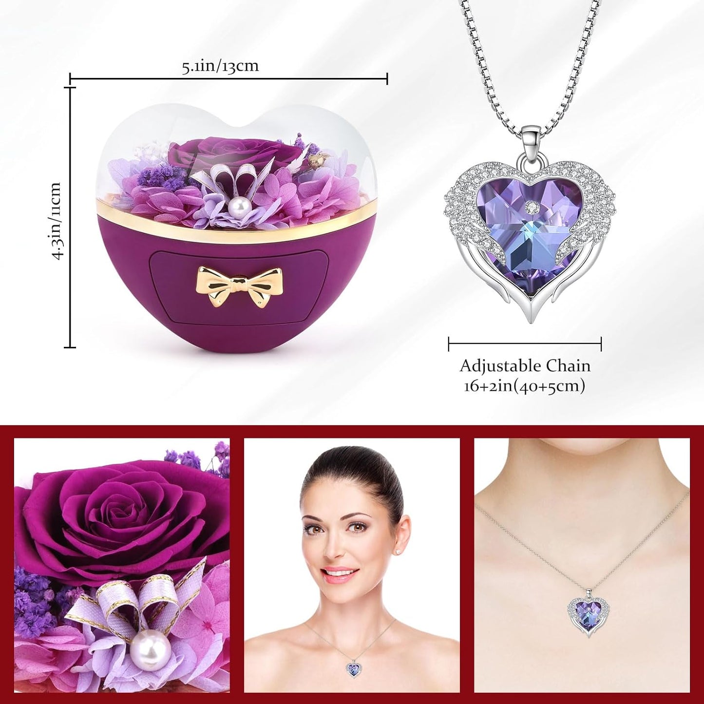 Preserved Rose Gifts Set Includes Necklace with Heart Design, Anniversary Valentines Birthday for Her, Wife, Girlfriend