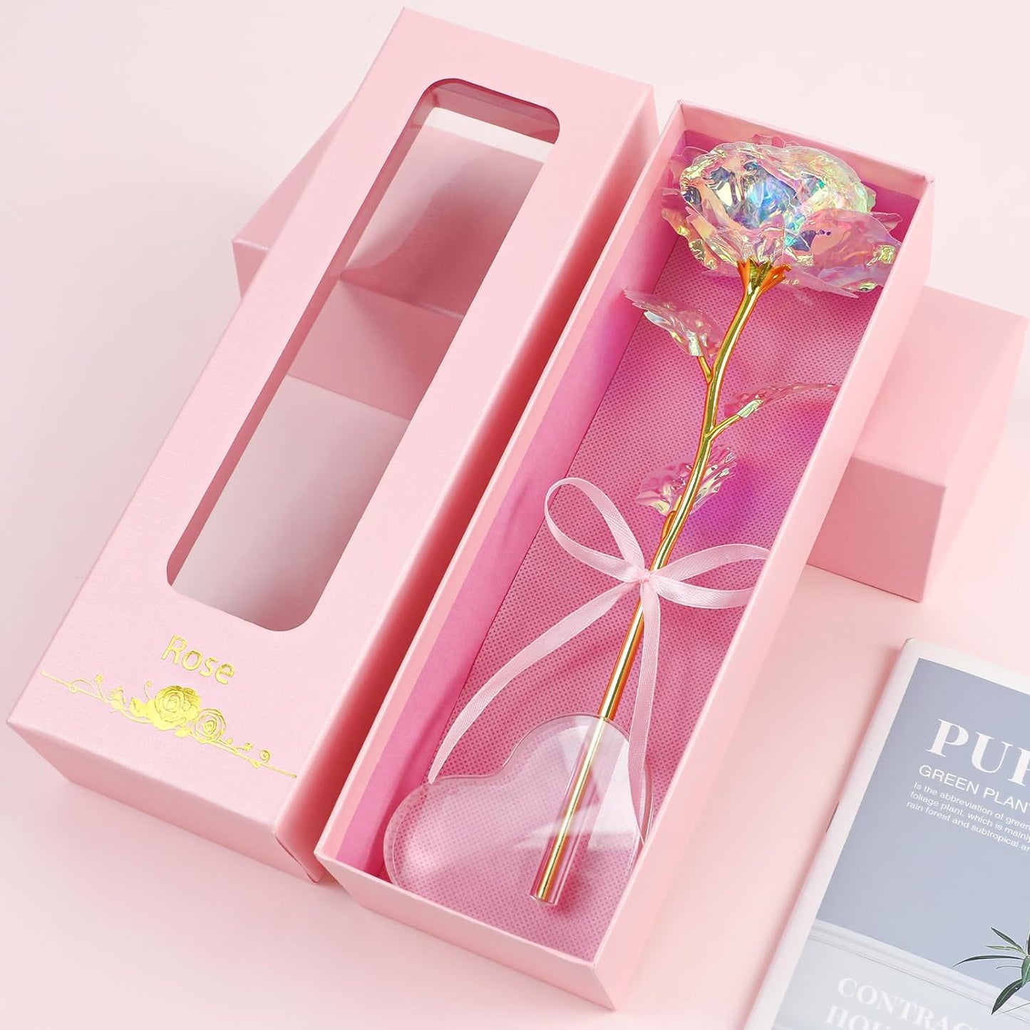 Christmas Day Gifts for Women, Galaxy Rose Enchanted Crystal Flower with Heart Base, Rainbow Rose Gifts for Her, Wife, Grandma, Mom and Sisters on Christmas Birthday Mother's Day Valentines Day