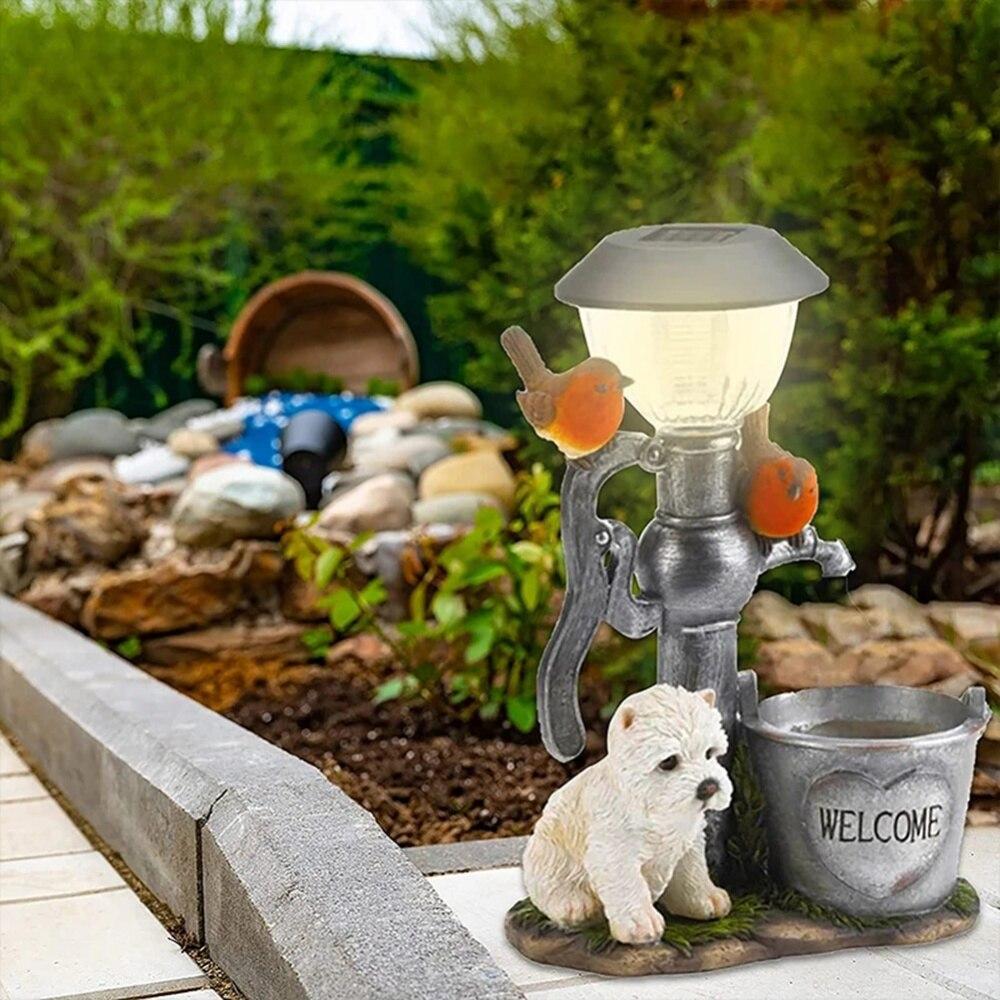 Dog/Cat Statue Welcome Sign Garden Statue w/ Solar Lights