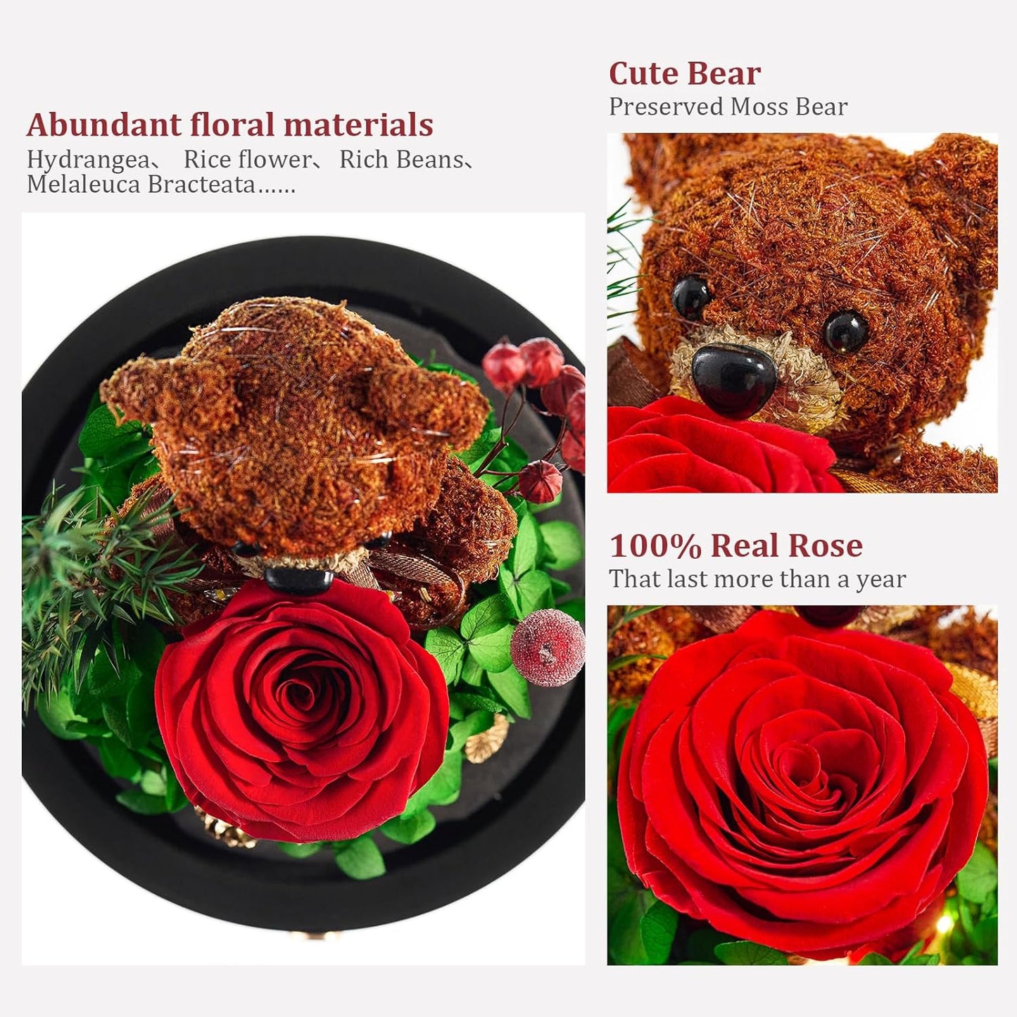 Forever Flowers Gifts for Women Preserved Roses Bear with Mood Light Gifts for Girlfriend Wife Mother Valentines Day Mothers Day Christmas Birthday (Red Rose, Green Hydrangea)