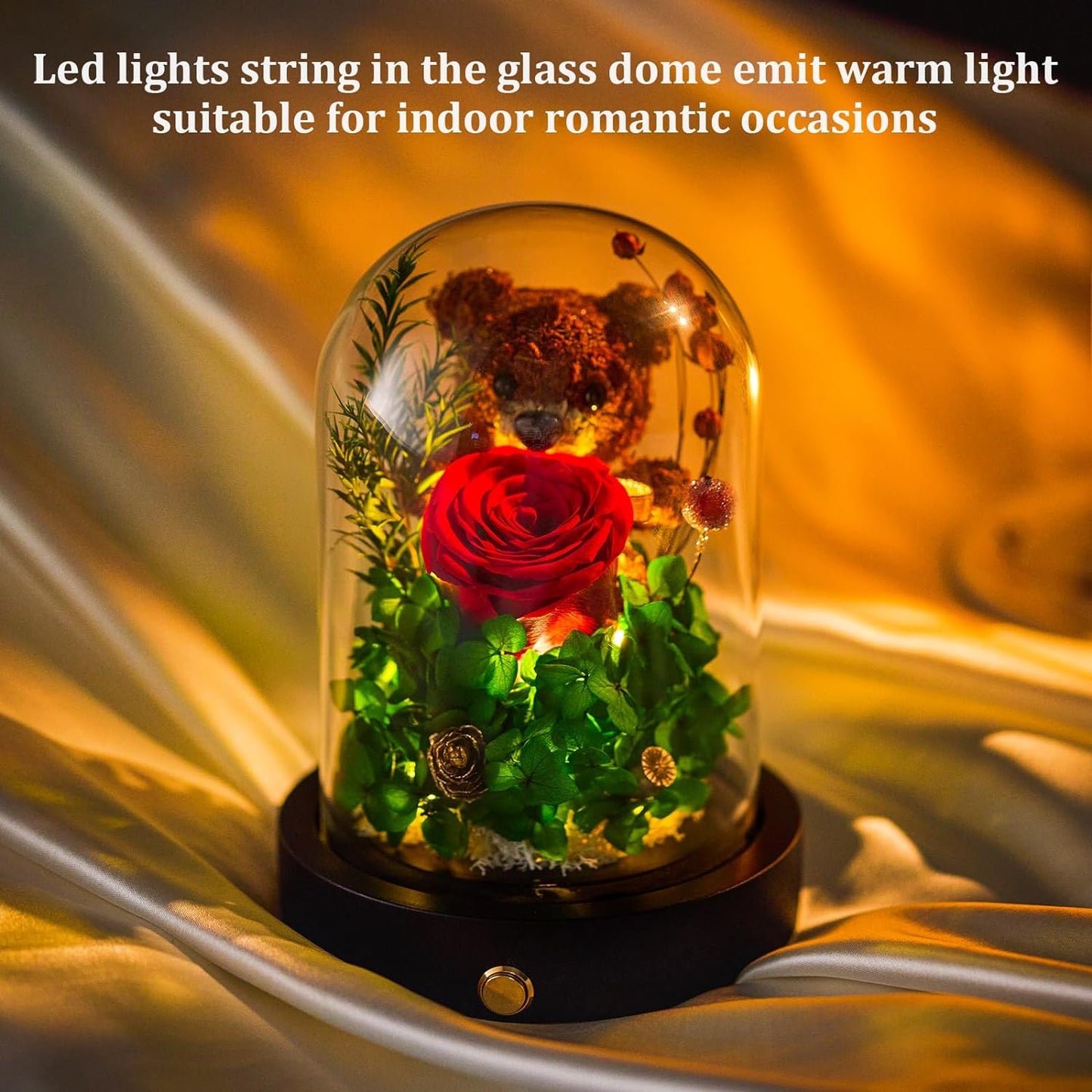 Forever Flowers Gifts for Women Preserved Roses Bear with Mood Light Gifts for Girlfriend Wife Mother Valentines Day Mothers Day Christmas Birthday (Red Rose, Green Hydrangea)