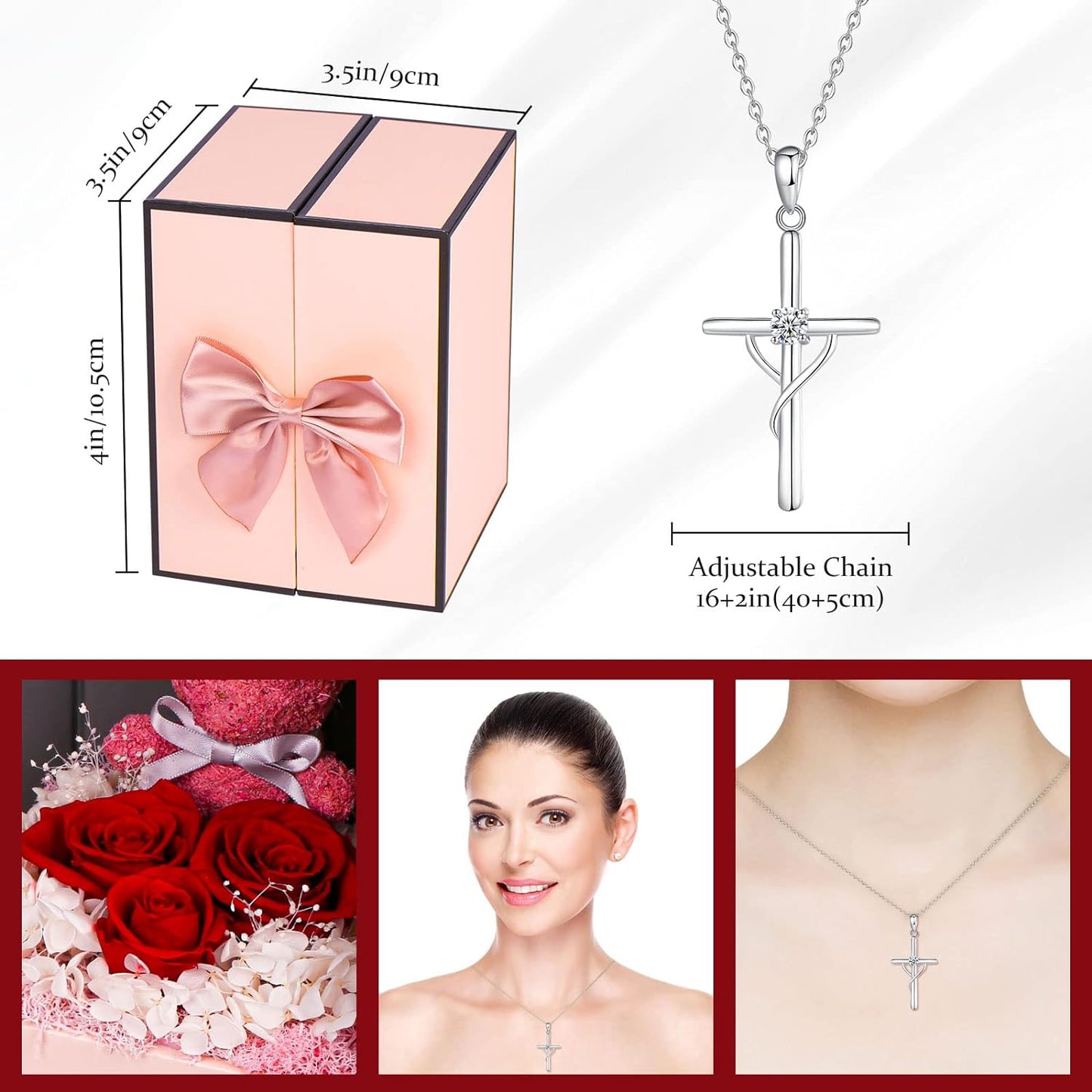 Preserved Rose Religious Gifts Set includes 925 Sterling Silver Birthstone Cross Necklace, Mothers Day Birthday Christmas Valentines Gifts for Mom Grandma Nana