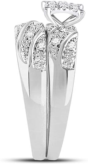 14k White Gold Mens and Ladies Couple His & Hers Trio 3 Three Ring Bridal Matching Engagement Wedding Ring Band Set - Round Diamonds - Princess Shape Center Setting (1/4 cttw) - Please use drop down menu to select your desired ring sizes