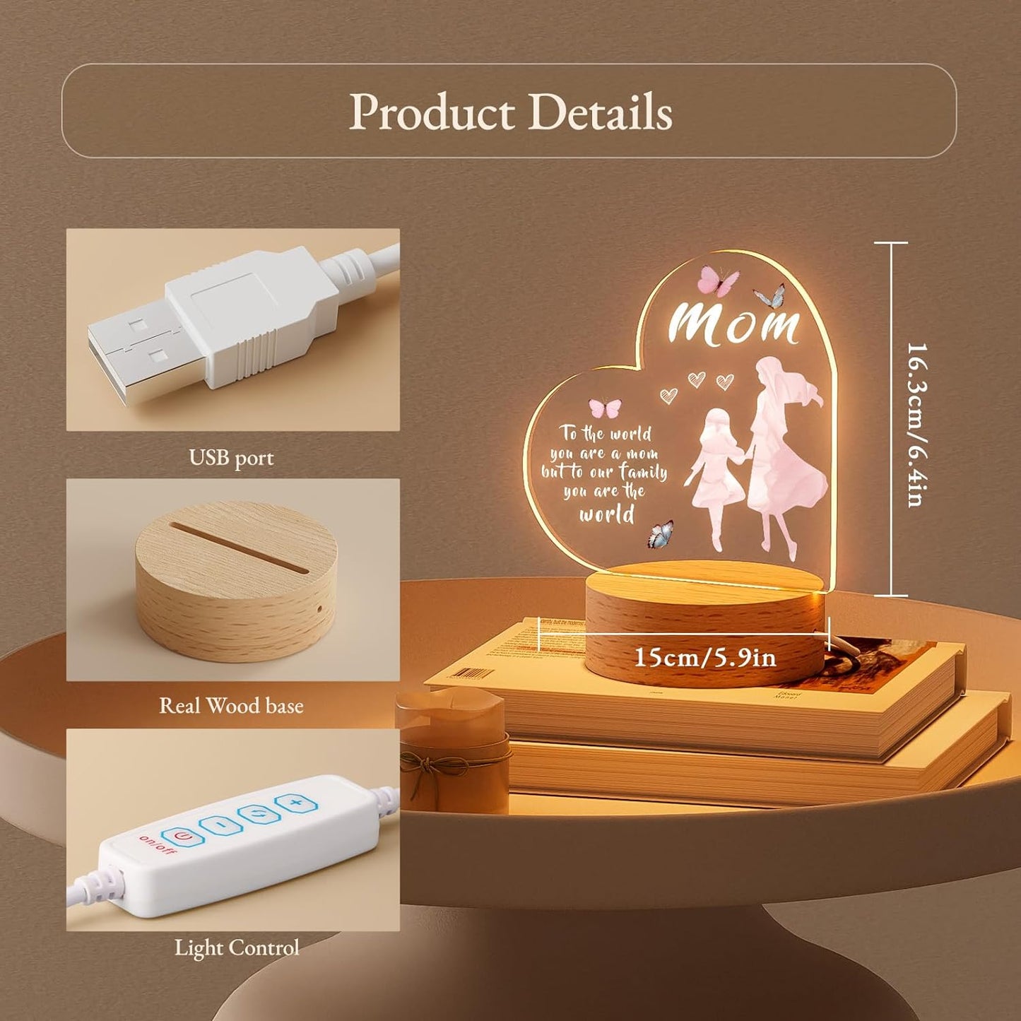 Gifts for Mom from Daughter - Mom Gifts Night Light with Wood Base, Birthday/Valentines/Mothers Day/Christmas Gifts for Mom from Daughter